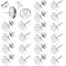 Hicarer 200 Pieces Studs Earring Blank Making Supplies Kit Includes 50 Pcs 10 mm Cabochon Earring Blank Bezel Studs 50 Clear Glass Cabochons, 50 Rubber Backs 50 Stainless Steel Earring Backs