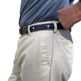 Charleston Belt SC Crescent Moon Palmetto Tree Genuine Leather State Flag Embroidery Ribbon Belt (40 36-37 pants), Navy Blue/Khaki