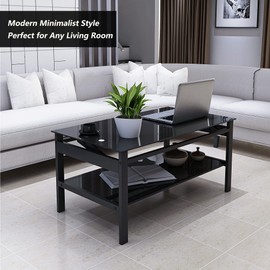 Fulocseny Black Glass Coffee Table Lift Top for Living Room, Mordern Cocktail Table 2 Layer Sofa Center Tables with Storage Rectangle Tempered Glass Metal Leg Home Office