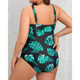 Daci - Traje de baño de una pieza para mujer, talla grande, sexy, con cuello en V, Hoja verde, X-Large