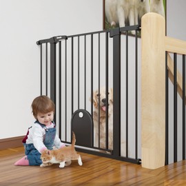 Babelio 36" Tall Auto Close Baby Gate with Small Cat Door, 29-43" Metal Cat Gate for Doorway, Stairs, House. Easy Walk Thru Dog Gate with pet Door, Includes 4 Wall Cups and 3 Extension Pieces, Black