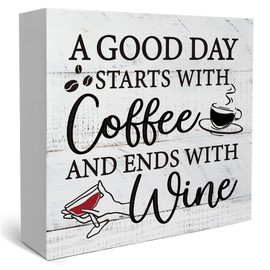 Funny Home Quote A Good Day Starts with Coffee and Ends with Wine Wood Box Sign, Humor Quotes Rustic Farmhouse Home Wood Decor Decorations Sign for Home Kitchen Bar Tabletop Desk