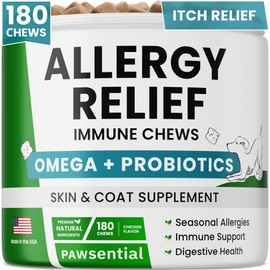 PAWSENTIAL Allergy Relief Dog Chews - Itchy Skin Relief w/Probiotics + Omega 3 + Colostrum - Seasonal Allergies - Anti-Itch Treats - Skin&Coat + Immune Supplement - Made in USA - Chicken Flavor -180Ct