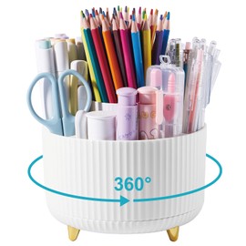 Orlador Desk Pencil Pen Holder, 5 Slots 360° Degree Rotating Pen Organizers for Desktop Desk Storage Organizer Stationary Suppliers Organizer Cute Pencil Cup for Office School Home Art Supply White
