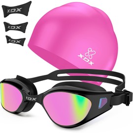 XDX Swim Goggles with Swim Cap Anti-Fog Pool Goggles with Detachable Lenses Swimming Goggles Cap Set for Youth Men Women, Pink Cap
