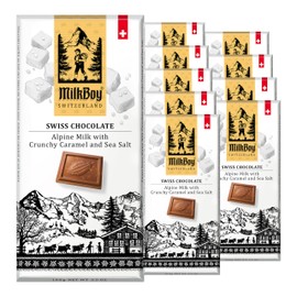 Milkboy Swiss Milk Chocolates - Alpine Milk Chocolate Bars with Crunchy Caramel Sea Salt - Gluten-Free Non-GMO All Natural - Made in Switzerland - 3.5 oz, 10 Pack