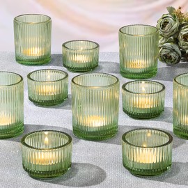 NITIME 20pcs Ribbed Green Votive Candle Holders, Assorted Tea Light Candle Holder Glass for Wedding Table Decor, Green Candle Holders for Table Centerpieces, Brithday and Tea Party Decorations