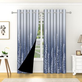 Sillsloso Blue Leaves Room Darkening Curtain for Bedroom Nature Botanical Blackout Curtains Wildflowers Woodland Branch Leaf Window Drapes Room Decor Curtains 2 Panels 52x84 inch