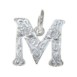 Arthur's Jewelry 925 sterling silver Hawaiian plumeria scroll initial letter M pendant