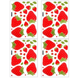 4 Sheets Wall Stickers Fruit Strawberry Waterproof Strawberry Wall Stickers Removable Fruit Wall Stickers for Bedroom Kitchen Dining Room (Total 92 Pieces)