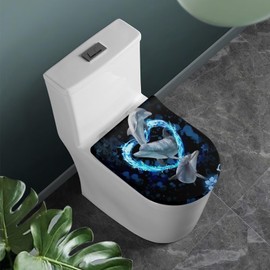 COEQINE Toilet Lid Cover Black Dolpine Blue Print Dortable Toilet Lid Cover Elongated Bathroom Decoration
