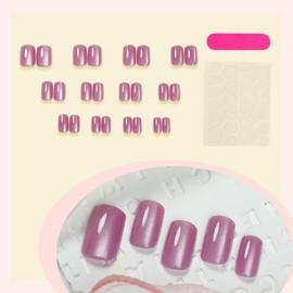 Cat's Eye Press on Nails Short Square Fake Nails with Designs Glossy Glitter False Nails Summer Stick on Nails Full Cover Acrylic Nails Reusable Shimmer Glue on Nails for Women Girls Manicure 24Pcs