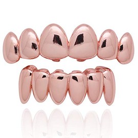 Psivika Gold Plated Shiny Hip Hop Teeth Grillz Caps Iced Out CZ Top and Bottom Vampire Fangs Grillz for Men and Women (Rose Gold)