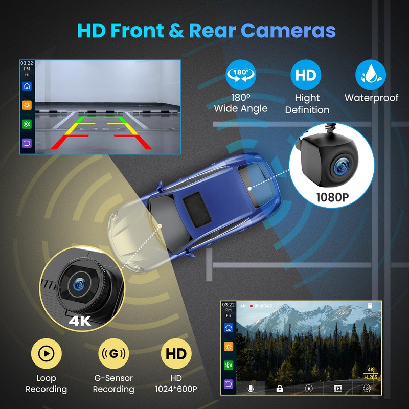 BIGASUO Wireless Carplay Screen for Car 4K Dash Cam, Apple