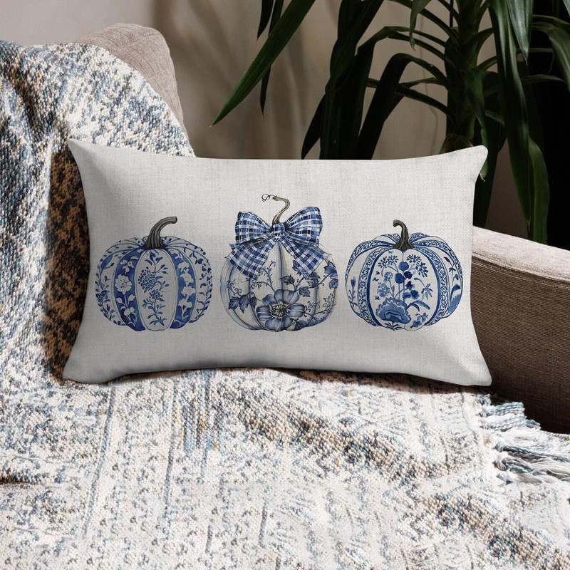 NUTEEN Fall Pillow Covers 20x12 Inch Blue Pumpkin Chinoiserie Autumn
