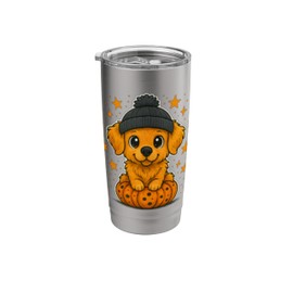Cute Golden Retriever in Beanie Pumpkin Cozy Fall Autumn Stainless Steel Insulated Tumbler
