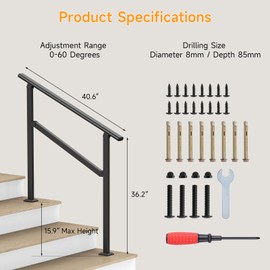 DOVOV Hand Rails for Outdoor Steps, 3 Steps Wrought Iron Handrails for Outdoor Steps, Stair Railing for Porch, Home, Garden, Indoor, Staircase Handrails for Wooden, Cement, Brick, Marble