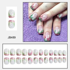 24Pcs Snowflake Press on Nails Short Square Fake Nails Christmas Cute False Nails with Glitter Design Full Cover Holiday Acrylic Artificial on Nails Winter Xmas Stick on Nails for Women and Girls