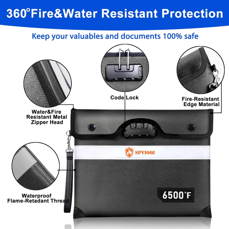 6500°F Upgraded Fireproof Document Bag with Lock, Fire proof Money