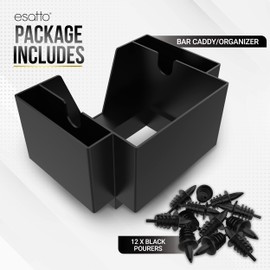 Esatto Bar Products Premium Square Bar Caddy (Black), Professional Bar Tool Used to Easily Organize Bar Items and Workspace, Comes With 12 Black Plastic Pourers For Easy and Precise Pouring