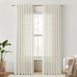 90 Inch Curtains Long,Sheer Light Filtering Linen Boho Floral Patterned Neutral Cream Farmhouse Window Curtains 2 Panels Set