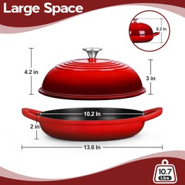 P&P CHEF Red Enameled Dutch Oven Pot with Lid, 10.2” Round Cast Iron Bread Oven for Baking Sourdough & Roasting Chicken, Dome Lid & Frying Pan For Oven Use, 5.5 Qt