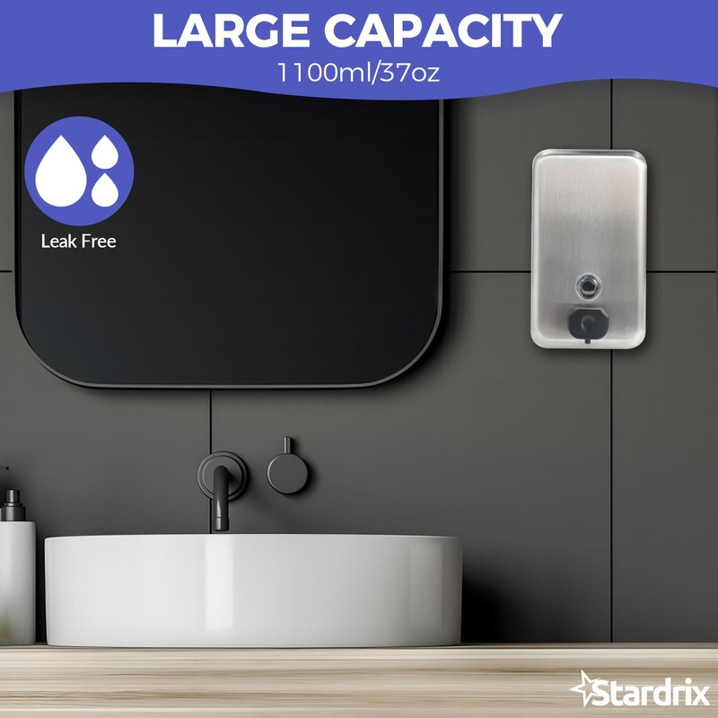 Stardrix Heavy Duty Stainless Steel Wall Mount Soap Dispenser, 1100ml/37oz,