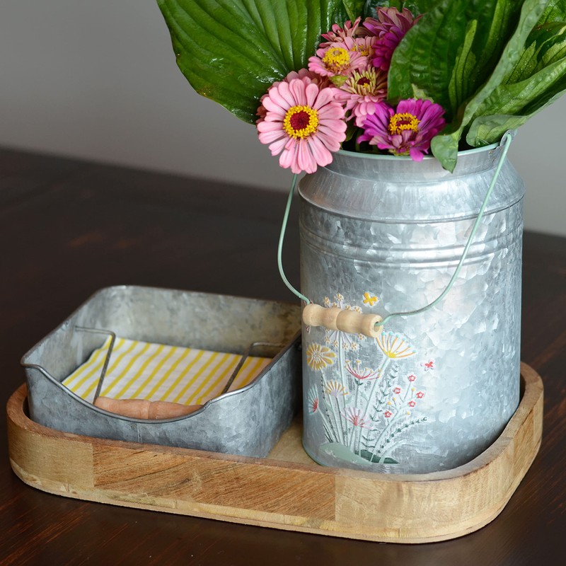Creamery Vase, Grey Metal, Meadow Flower Details, Handle, Rustic Farmhouse