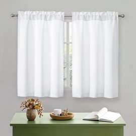 OWENIE White Curtains 45 Inch Length 2 Panels Set, Light Filtering Short Small Kitchen Curtains Tier Over Sink, Half Window Cafe Curtain for Bathroom Basement Bedroom, 2 PCS Each 30" Wx45 L, White