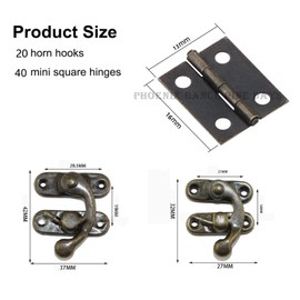 SoundZero Pack of 60 Antique Box Buckle Accessories, 20 Pieces Iron Padlock Hasp, 40 Pieces Hinges, Antique Right Locking Hooks Hasp with 80 Pieces Screws, for Jewellery Wooden Box Decoration