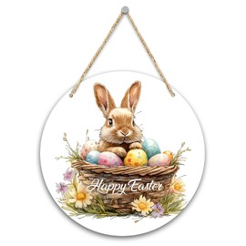 Happy Easter Door Sign Decor, Spring Bunny and Eggs Wooden Welcome Hanging Sign, Easter Gift For Friends Family, Farmhouse Seasonal Decor for Home Front Door Porch Yard Garden -17