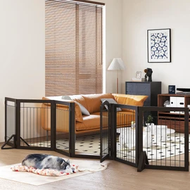 PAWLAND 144-inch Extra Wide 30-inches Tall Dog gate with Door Walk Through, Freestanding Wire Pet Gate for The House, Doorway, Stairs, Pet Puppy Safety Fence, Support Feet Included, Espresso,6 Panels