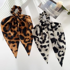 Leopard Hair Scrunchies for Women, 2 in 1 Design Soft Elastic Hair Scarf Scrunchies Vintage Leopard Print Cute Hair Accessories Detachable Long Tail Bow Hair Ties Ponytail Holders Hair Bands 2Pcs