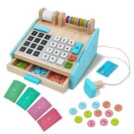 LumWuds Wooden Toy Cash Register for Kids, Pretend Play Set with Scanner, Calculator & Play Money – Fun Kids Cash Register for Grocery Store & Cafe Role Play, Gift for Toddlers Ages 3+ Years