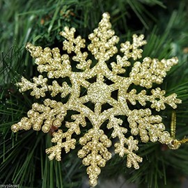 12 x Gold Glitter Snowflake Shape Hanging Christmas Tree Ornament Window Decoration XMAS Accessories
