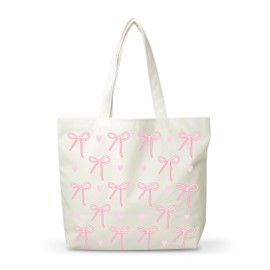 FQPJA Coquette Pink Bow Canvas Tote Bag, Funny Gifts For Women, Reusable Grocery Folding Shopping Tote, Aesthetic Shoulder Bag, Thanksgiving Christmas Gifts For Friends Colleagues -A28