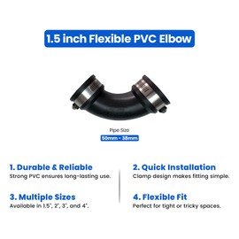 Aqua Universe 1.5" Flexible Black Elbow Pipe with Stainless Steel Clips | Hose Connector 1.5 Inch Bend for Plumbing, Aquarium, Pond, Drainage and Waste Down Pipe Connector (Pipe Size 50mm - 38mm)