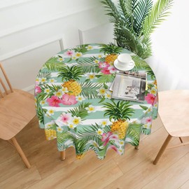 Pineapple Tablecloth Tropical Palm Leaves and Flowers Round Table Cloths Summer Turquoise White Stripes Circular Table Cover Washable Polyester Tabletop for Dining Kitchen Picnic Party Decor 60 Inch