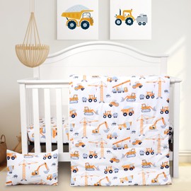 JISEN 3 Piece Crib Bedding Set Soft Baby Crib Bedding Set Construction Trucks Crib Comforter Set - Comforter Sheet Pillowcase Nursery Bedding Sets for Baby Girls or Boys