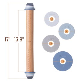 Bamboo Land- Adjustable Rolling Pin with Thickness Rings for Baking, 13.8", 4 Pastel Colored Thickness Rings (2-10 mm or 1/16"-3/8"), Wood Rolling Pins for Baking, Bread, Pizza & Cookie Doughs