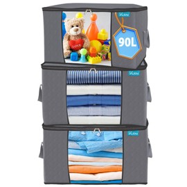 KURNI Storage Bags 3 Pack Grey, Clothes Storage Large 90L Capacity, 3 Sided Zipper Storage Boxes With Lids, Practical for Storing Garments, Toys & Duvet. Dust/Mites Proof (60 x 43 x 35 cm)