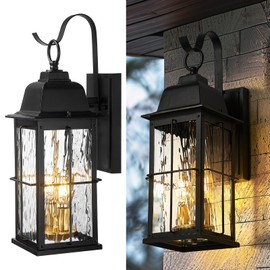 zeyu 17.2 Inch Exterior Black Light Fixture, 2-Light Outside Wall Light for House, Die-Cast Aluminum with Water Ripple Glass, Black and Gold Finish, 20071B2 BK+BG-WP