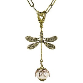 NoMonet Dragonfly necklace, art deco fantasy, fanciful Dragonfly Daze, crystal, hand-painted leaves, vintage filigree, US made, gold pink & white