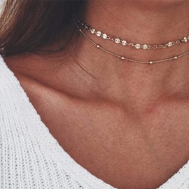 TseenYi Layered Coins Disc Necklace Choker Boho Silver Satellite Chain Necklace Short Trendy Necklaces Jewelry for women and Girls (Silver)