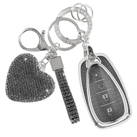 Rislobx Fit for Chevy Key Fob Cover with Diamond Keychain, Car Key Case Protector with Heart Shape Key Chain for Volt Bolt Spark Equinox Traverse Trax (4 Buttons S-Gray)
