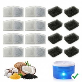 WB-YS01 8 Pack Replacement Filters + 8 Pack Pump Filter Cotton for Cat Water Fountain, Coconut Shell Activated Carbon & Resin Filters, Pet Water Dispenser Replacement Parts for Cats Dogs (16 Pieces)
