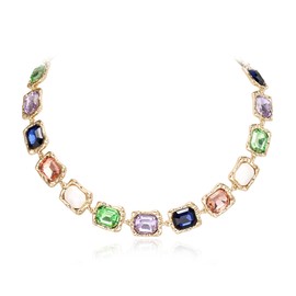 Clearine Women's Geometric Collar Necklace, Irregular Rectangle Emerald Cut Cluster Stunning Crystal Simulated Pearl Statement Chunky Bib Collar Necklace for Party Colourful Gold-Tone