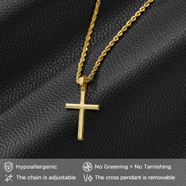 NORBU 18K Gold Over 925 Sterling Silver Cross Necklace for Men/Women, Hypoallergenic Stainless Steel Rope Chain with Cross Pendant, Religious Jewelry Gifts for Men, Gold/Small,20 inch