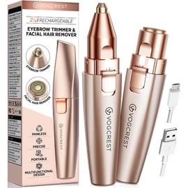 Eyebrow Facial Trimmer: 2 in1 Rechargeable Facial Hair Removal and Eyebrow Shaver - Face Lips Body Painless Facial Razor with Built-in LED Light (White) - Color: Rose Gold
