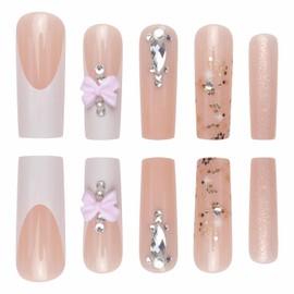 MISUD Press on Nails Long Square Fake Nails Glossy Glue on Nails White French Tip Acrylic Nails Bling Glitter Squoval Artificial Nails Rhinestone Stick on False Nails with Cute Bow Design 24 pcs